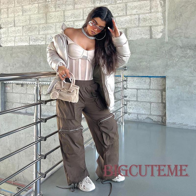 [] - Quần Ống Rộng Dây Rút Nhiều Túi Màu Trơn Giản Dị Dành Cho Nữ Màu Xanh Lá / Nâu