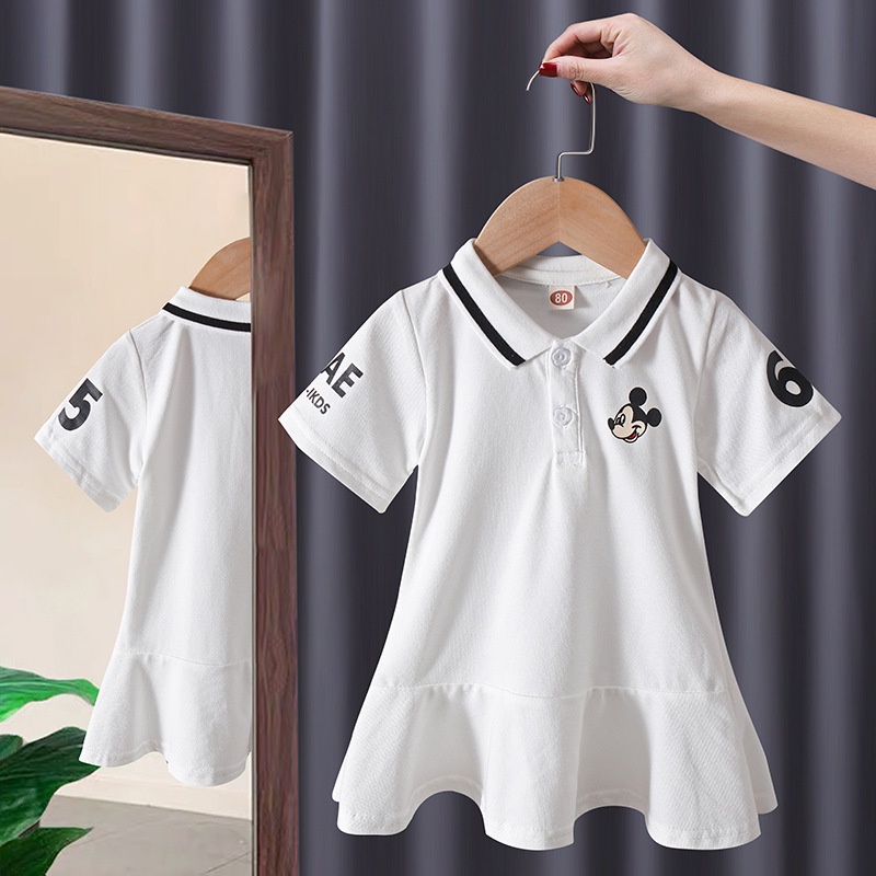 Đầm Cổ Polo Tay Ngắn In Hình Chuột Hoạt Hình Phong Cách Hàn Quốc Thời Trang Mùa Hè Cho Bé Gái