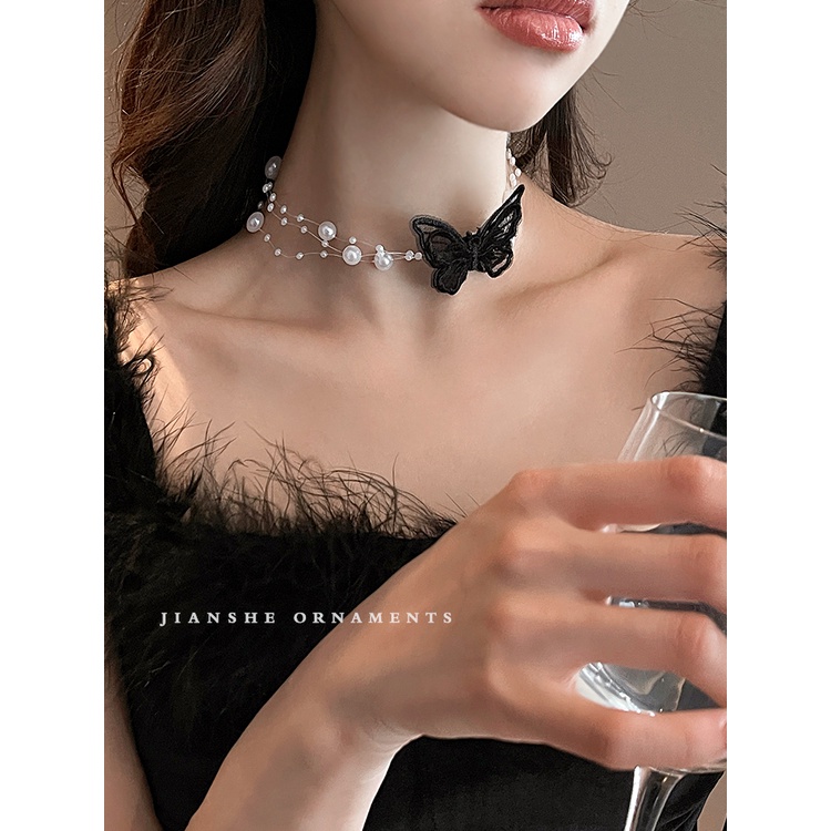 Vòng Cổ choker Thiết Kế Chuỗi Ngọc Trai Hình Bướm Phong Cách Retro Pháp Cho Nữ