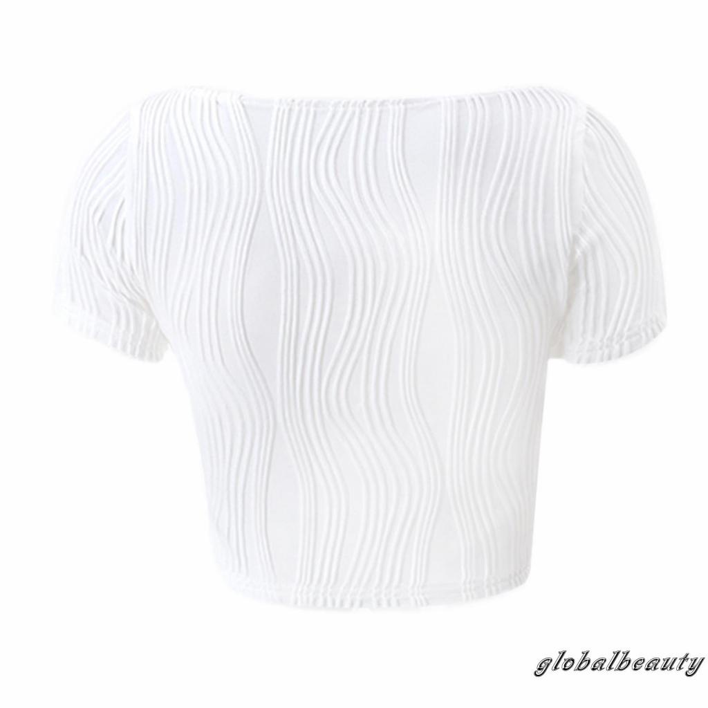 Áo Thun Crop Top Tay Ngắn Cổ Chữ U Họa Tiết Kẻ Sọc Thiết Kế Độc Đáo Thời Trang Mùa Hè Cho Nữ