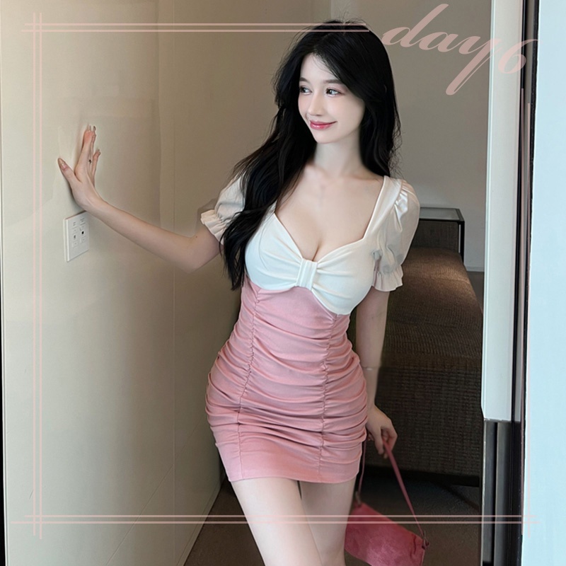 Đầm Tay Ngắn Phồng Ôm Dáng Màu Tương Phản Quyến Rũ Thời Trang Mùa Hè Cho Nữ