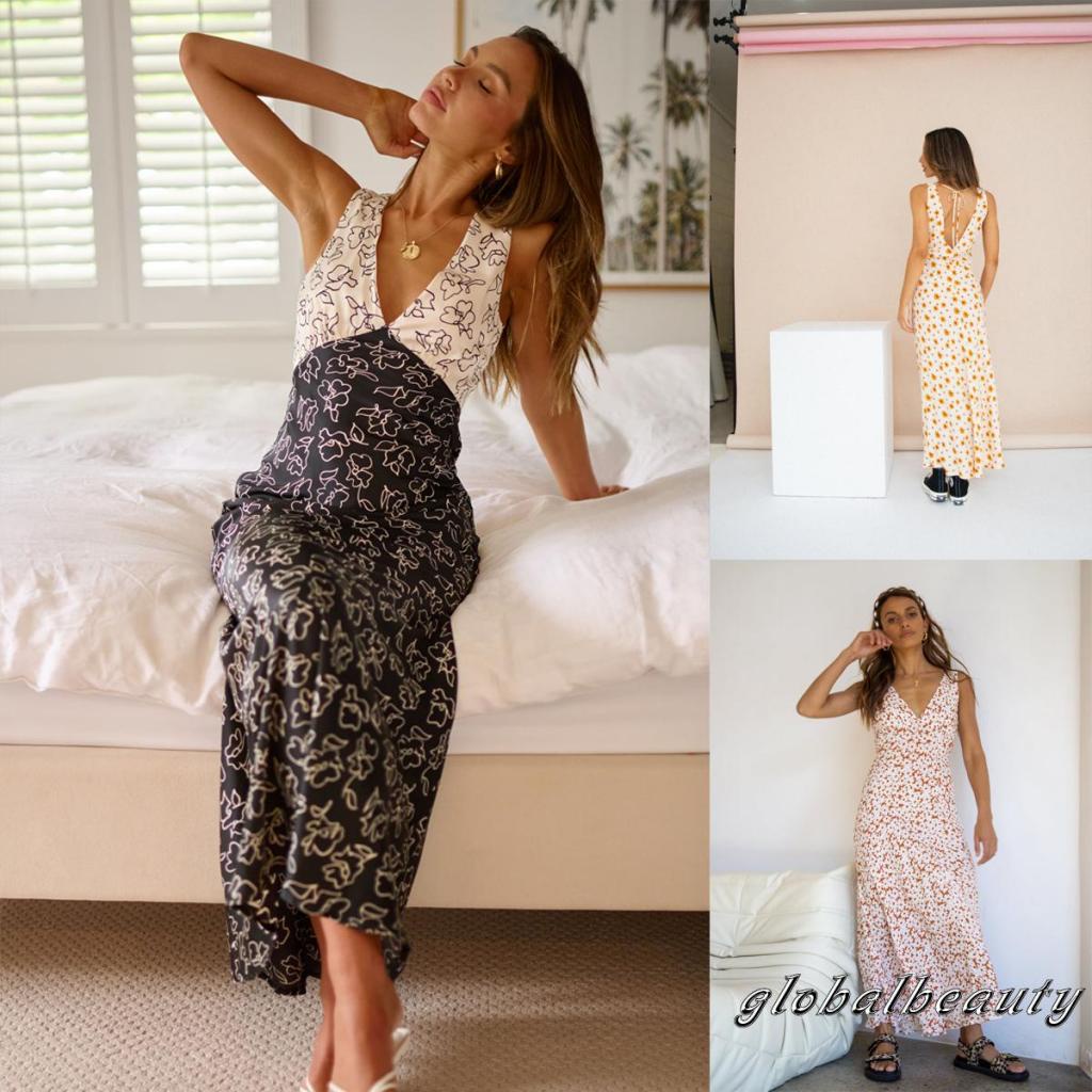 Đầm Dài Không Tay Cổ Chữ V Hở Lưng In Họa Tiết Hoa Dành Cho Nữ Dự Tiệc Cocktail