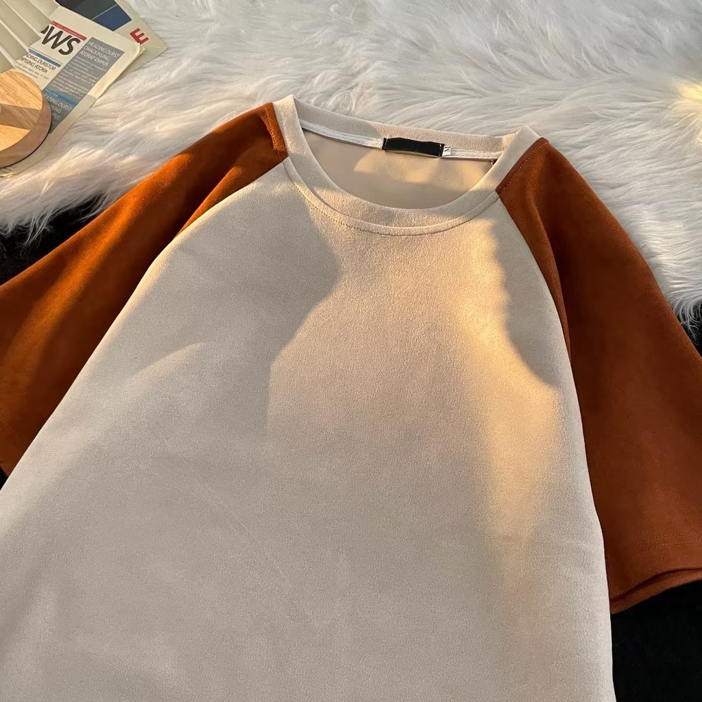 Áo Thun Da Lộn Tay Ngắn Dáng Rộng Màu Sắc Tương Phản Thời Trang Mùa Hè Cho Cặp Đôi