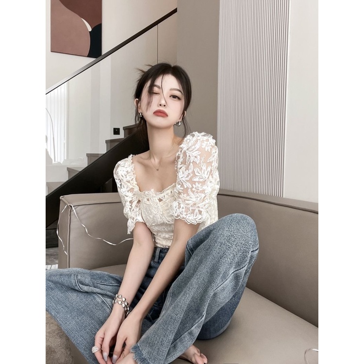 Áo Kiểu Tay Ngắn Phồng Cổ Vuông Thiết Kế Mới Thời Trang Mùa Xuân 2023 Cho Nữ