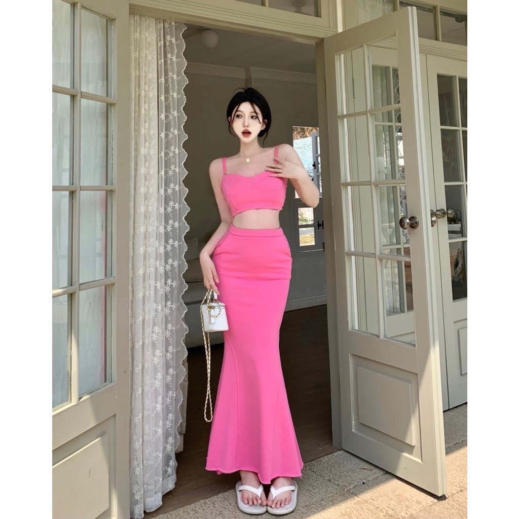 Bộ Áo Ống Màu Trơn + Chân Váy Đuôi Cá Lưng Cao Thời Trang Mùa Hè Quyến Rũ Cho Nữ