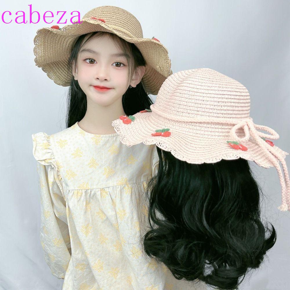Bộ Tóc Giả Thẳng + Mũ Đội Bằng Sợi Tổng Hợp Dễ Sử Dụng Thoáng Khí Thời Trang Đi Biển Cho Bé Gái