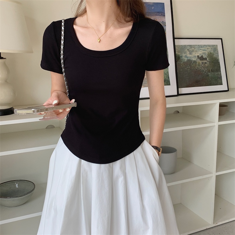 Áo Thun Tay Ngắn Cổ Chữ U Ôm Dáng Phong Cách Hàn Quốc Thời Trang Mùa Hè Mới Cho Nữ