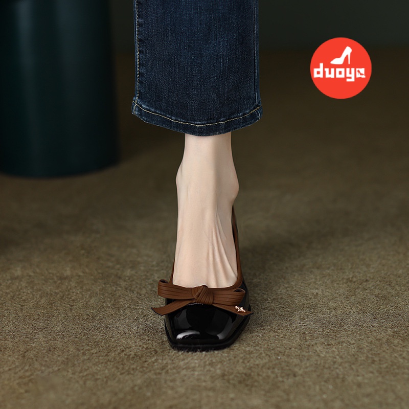 Duoya Giày Cao Gót Da Mềm Mũi Vuông Miệng Nông Đính Nơ Thời Trang Cho Nữ