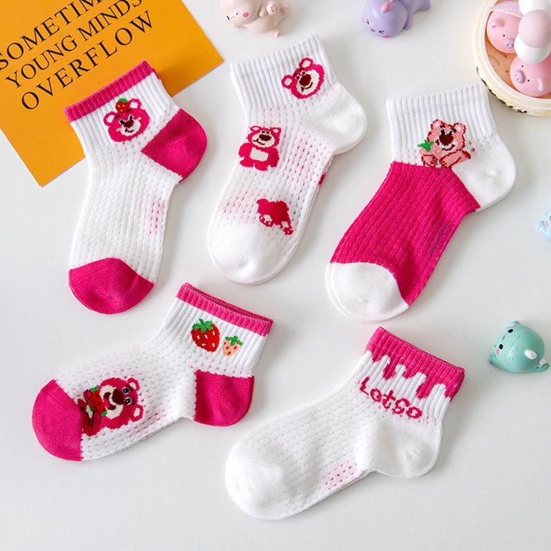 Set 5 Đôi Tất Cổ Thấp Phối Lưới Thoáng Khí Họa Tiết Gấu / Dâu Tây Thời Trang Mùa Hè Cho Bé Gái