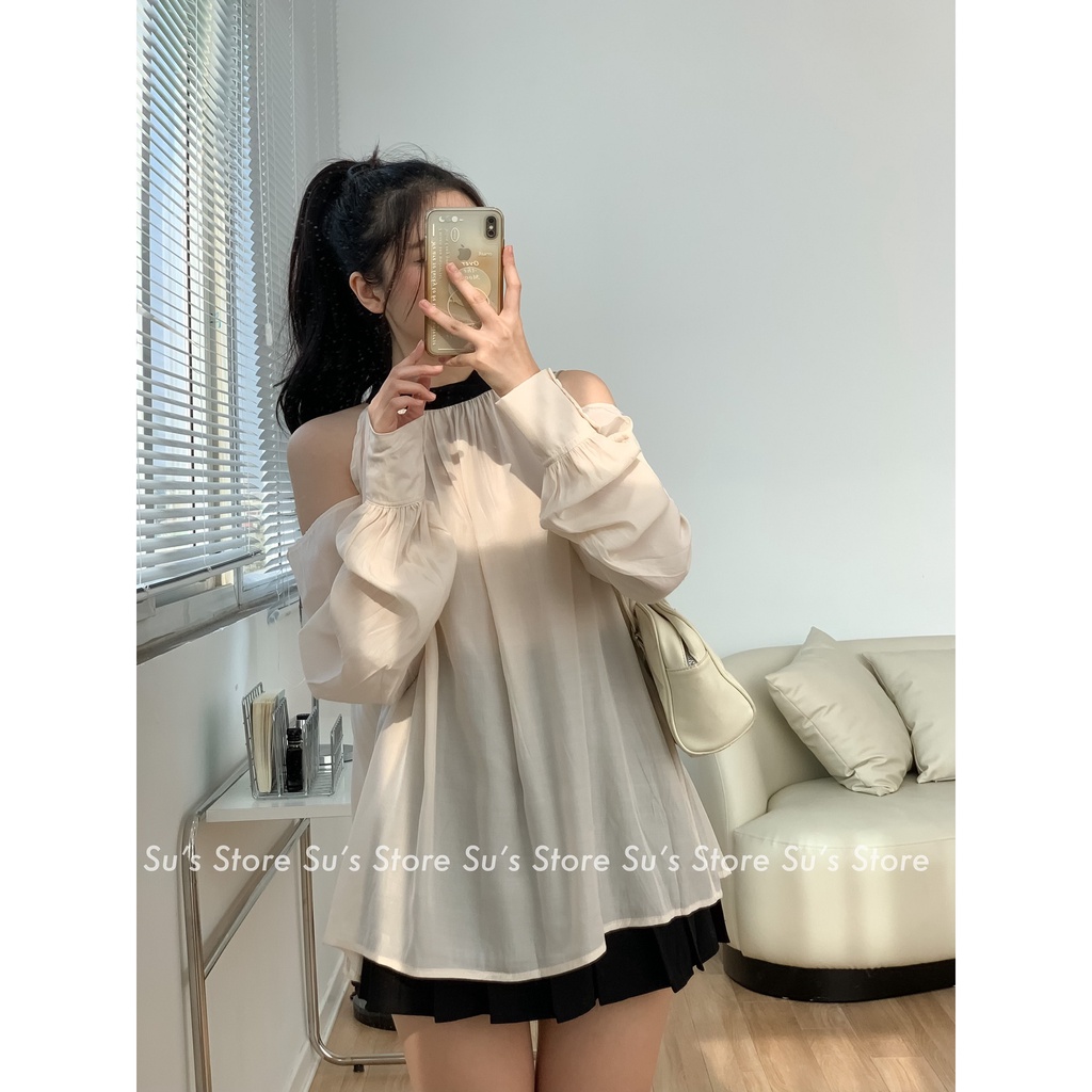 Áo sơ mi voan khoét vai dây buộc nơ A2731 SUSTORE