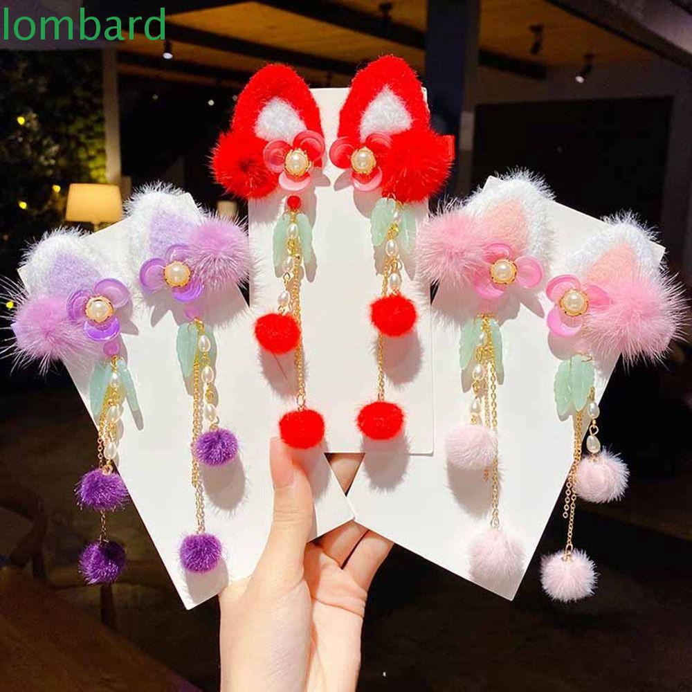 Trâm Cài Tóc Hình Tai Mèo Phối Bóng Lông Tua Rua Phong Cách Trung Hoa Mừng Năm Mới Cho Bé Gái