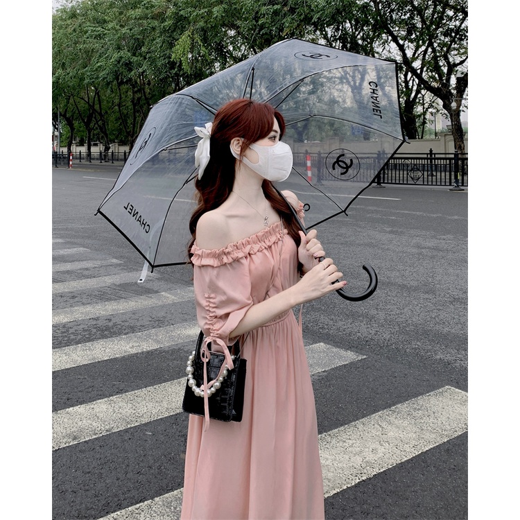 Đầm MIDI Mùa Hè Ôm Eo Một Bên Vai Diềm Xếp Nếp Tay Lửng Cho Nữ