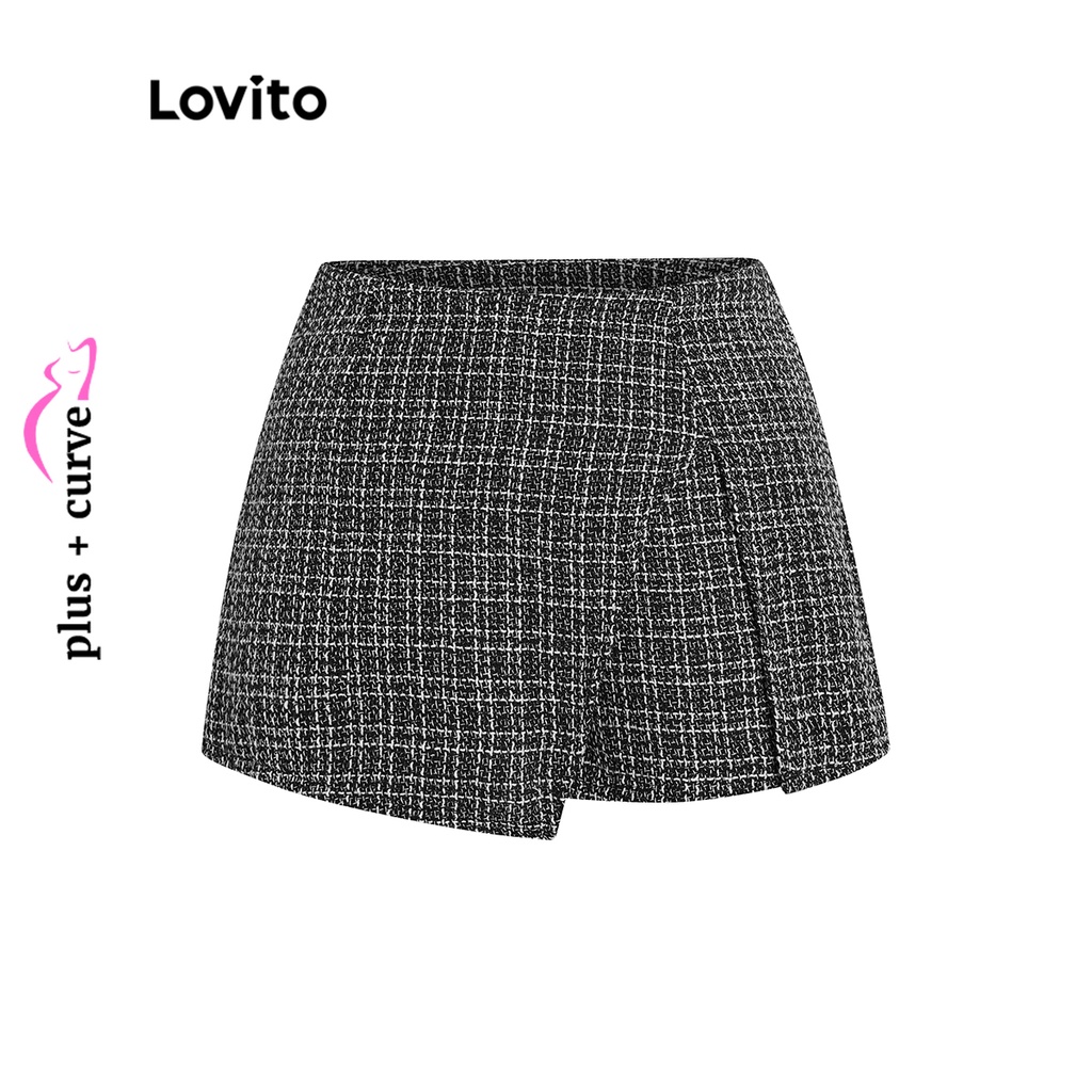 Quần short Lovito ống rộng có quần an toàn chất vải tuýt dây kéo kẻ sọc plus size thường ngày cho nữ LPS08044 (màu đen)