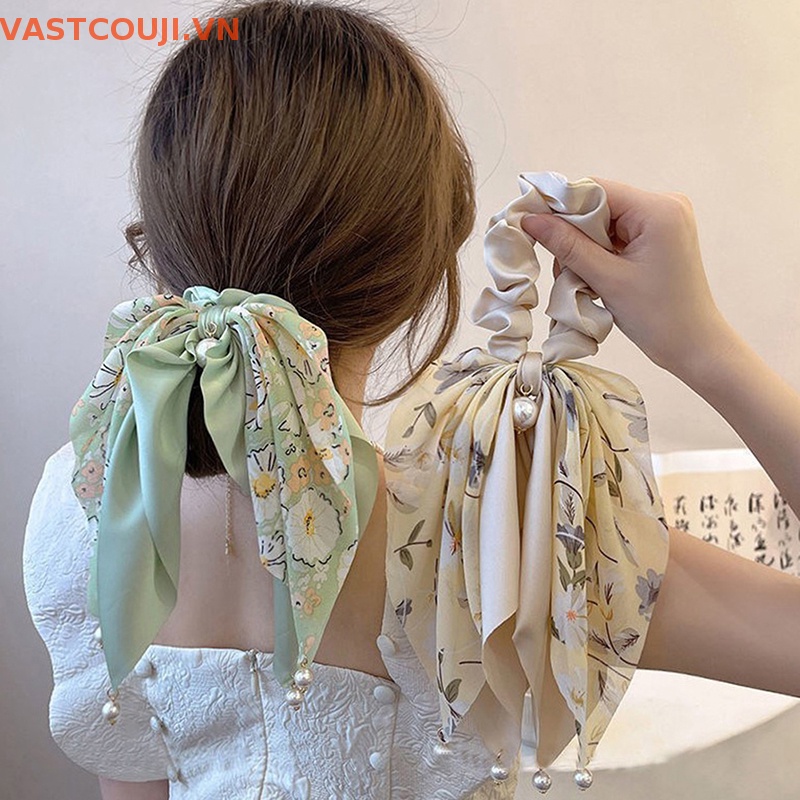 Dây Buộc Tóc Hình Nơ Đính Ngọc Trai Đơn Giản Phong Cách Hàn Quốc