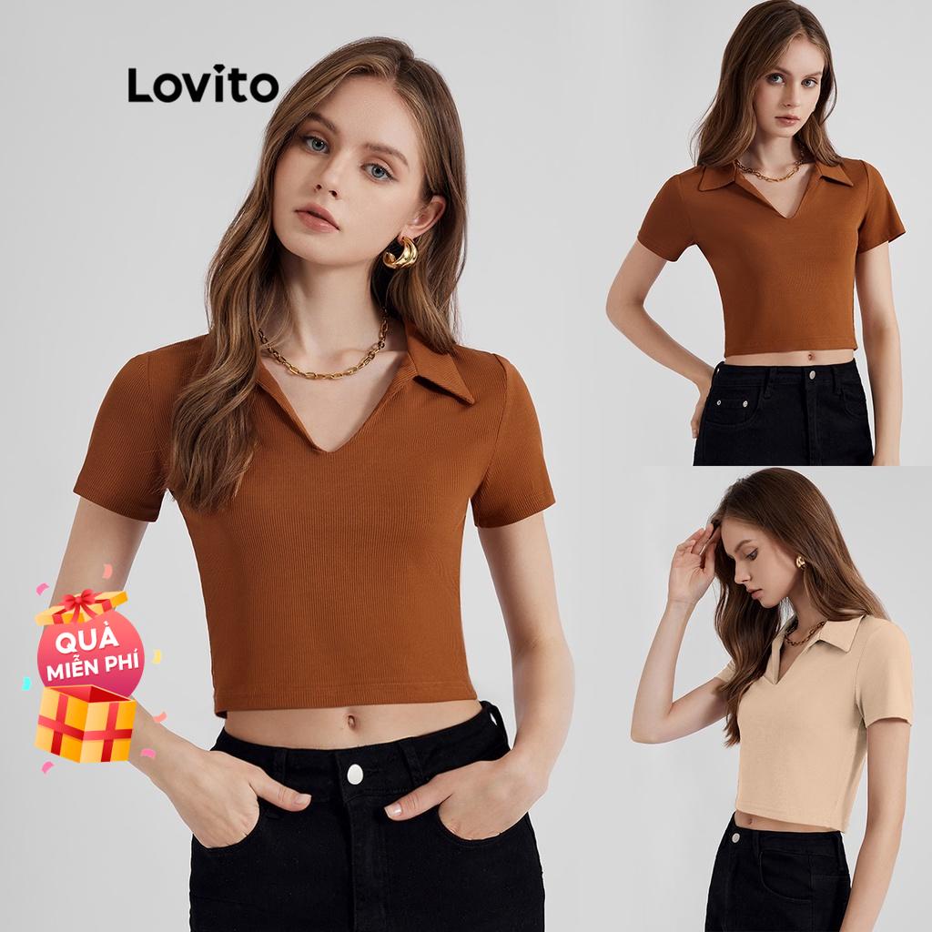 Áo thun Lovito thường ngày trơn cổ polo tay ngắn dáng ngắn cổ chữ V L19D417 (màu nâu)