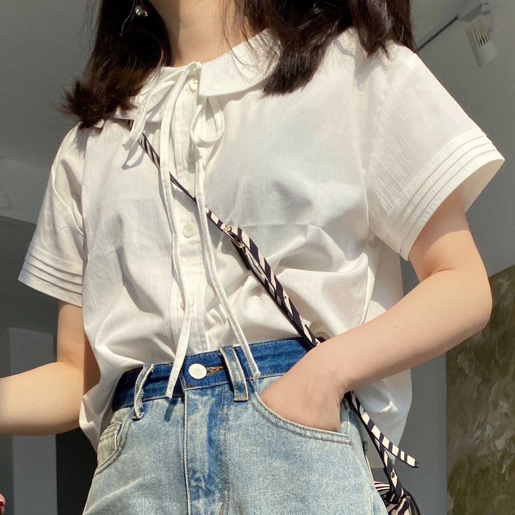Áo Sơ Mi Tay Ngắn Cổ Búp Bê Phong Cách Hàn Quốc Mới Cho Nữ