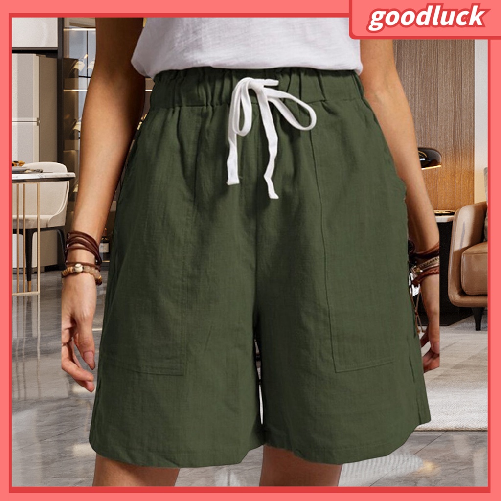 Quần ngắn ống rộng Lưng Thun Màu Trơn Phối Túi Lớn Thời Trang Đường Phố Mùa Hè