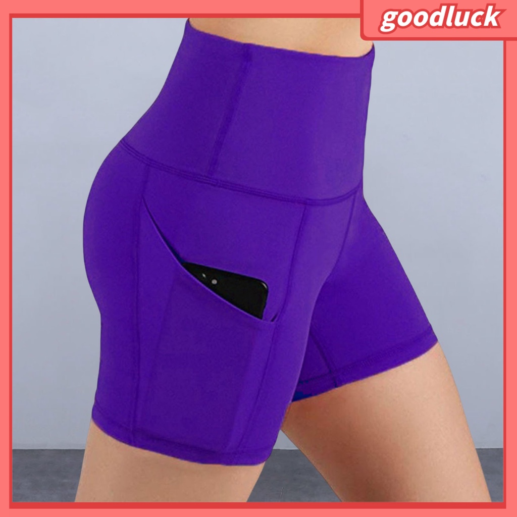 Quần Short Thể Thao Màu Trơn Lưng Cao Chống Sốc Có Túi Thời Trang Mùa Hè Cho Nữ