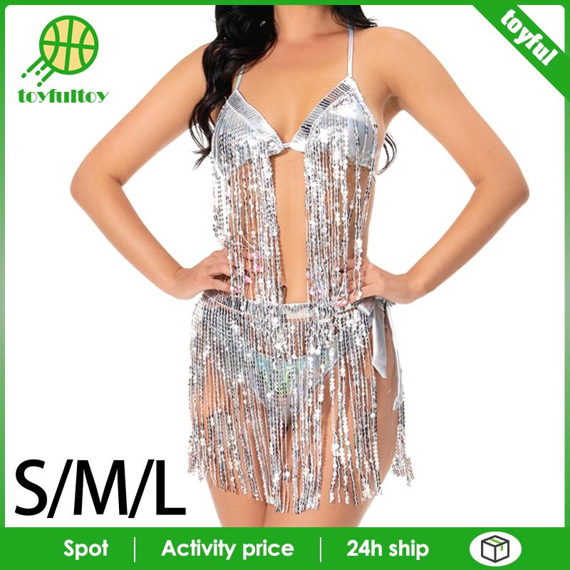 Bộ Đồ Bơi Bikini Phối Tua Rua Đính Kim Sa Lấp Lánh Dành Cho Nữ