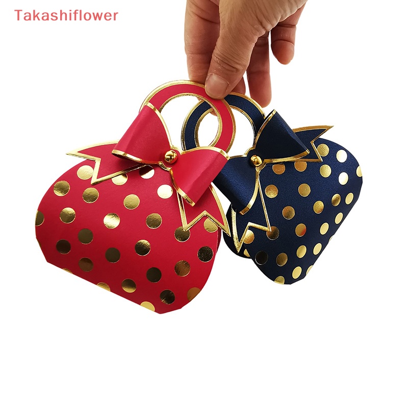 Set 10 Hộp Giấy Đựng Kẹo Cưới Có Tay Cầm Họa Tiết Chấm Bi Màu Vàng