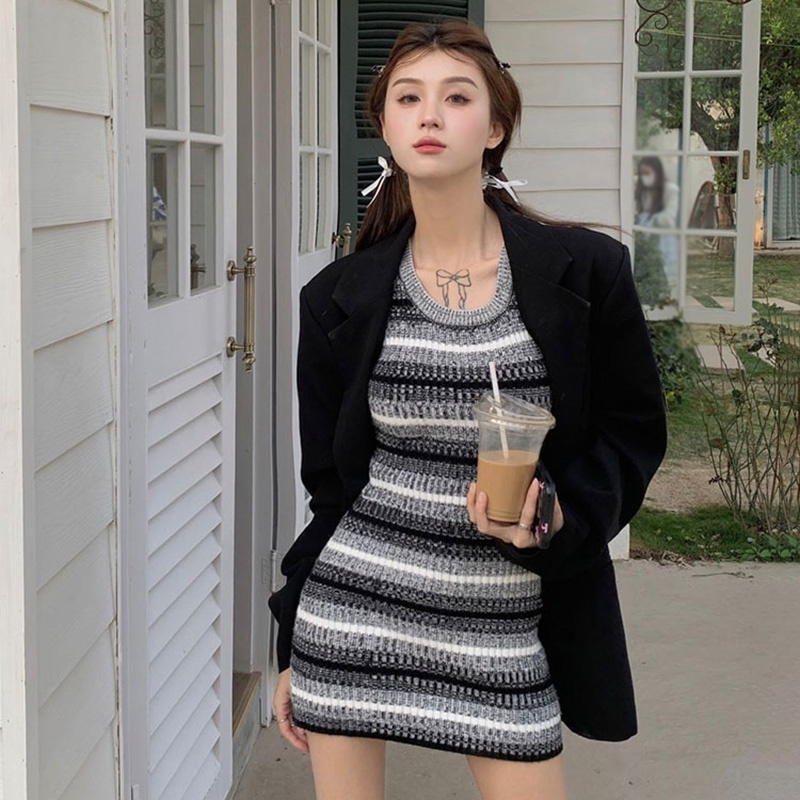 Đầm Dệt Kim Sát Nách Kẻ Sọc Màu Gradient Phong Cách Hàn Quốc Cho Nữ