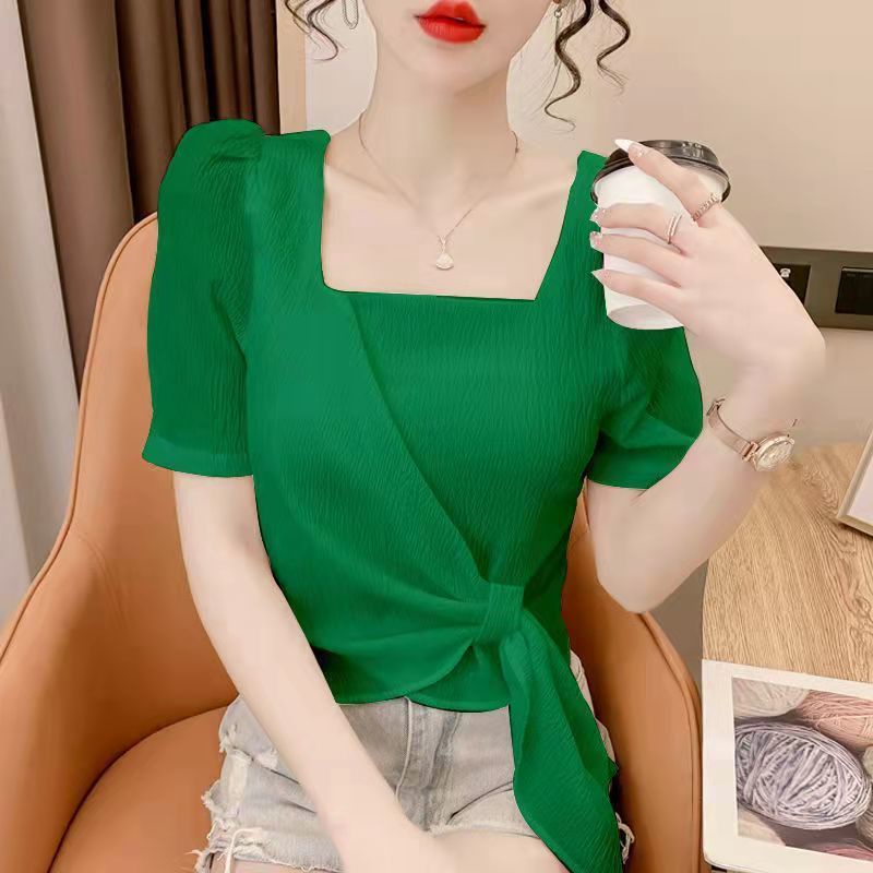 Áo Chiffon Tay Ngắn Phồng Cổ Vuông Thời Trang Mùa Hè 2023 Phong Cách Mới Cho Nữ