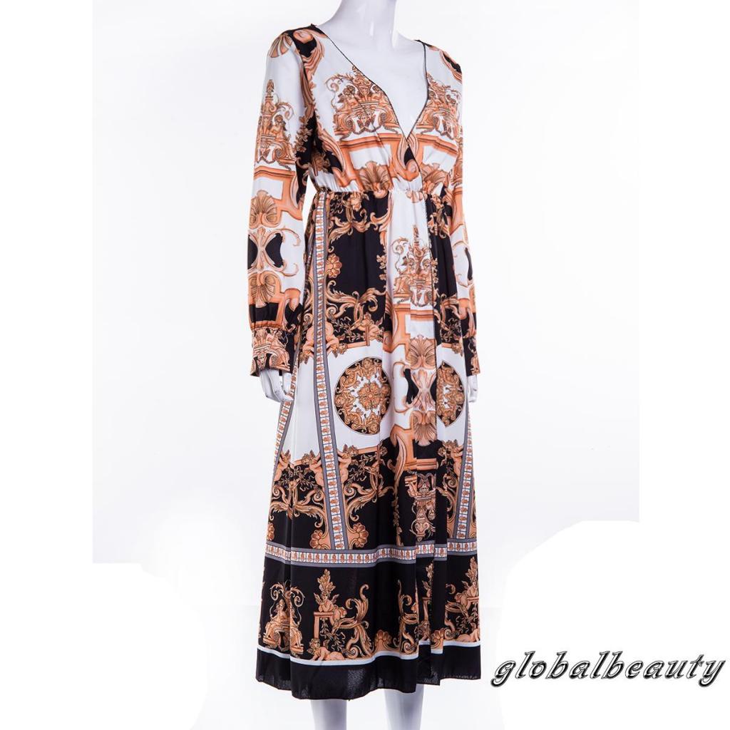 Đầm Dài Cổ Chữ V Eo Cao Tay Dài In Họa Tiết Hoa Phong Cách Boho Cổ Điển Dành Cho Nữ