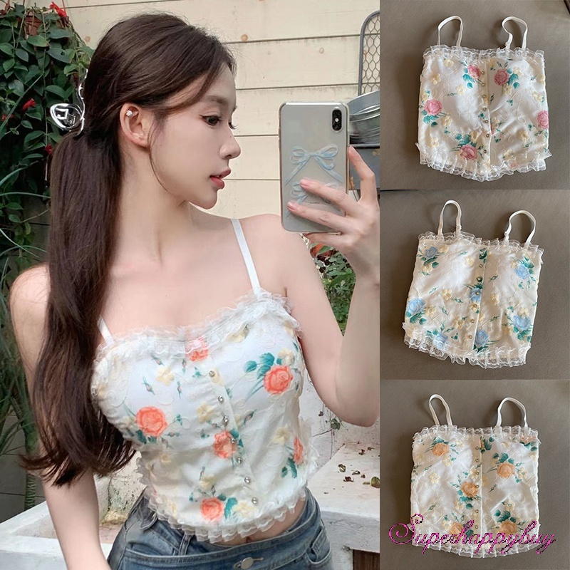 Áo Croptop Sát Nách Họa Tiết Hoa Hồng Phong Cách Retro Cho Nữ