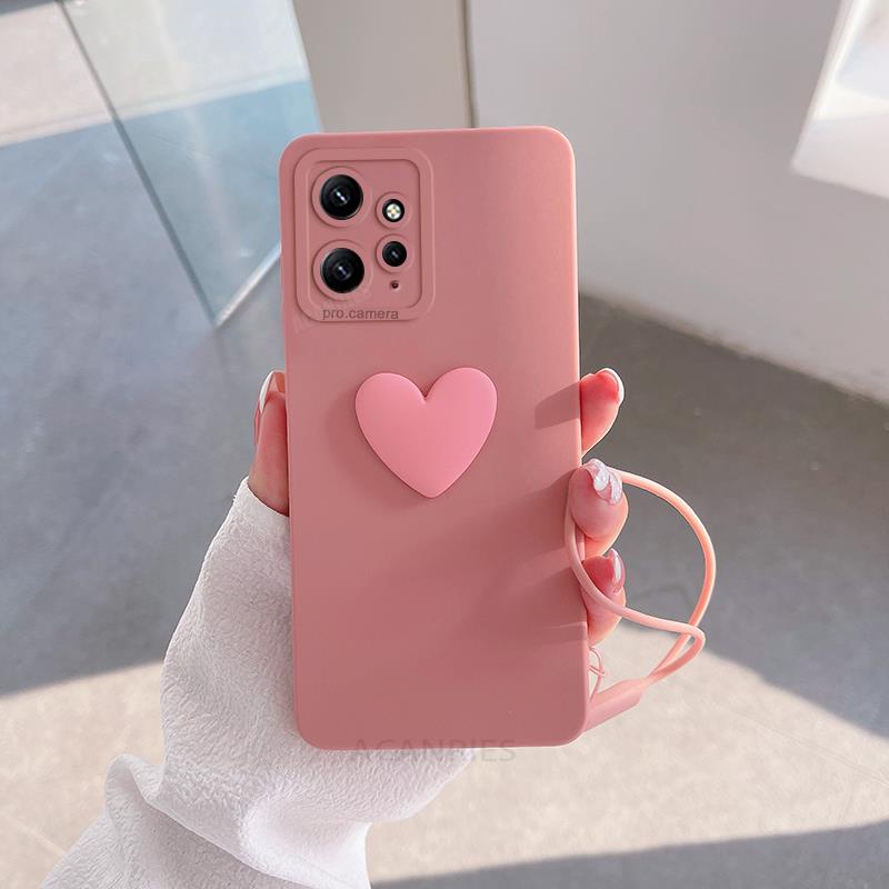 Ốp Điện Thoại Silicon Hình Trái Tim 3D Màu Kẹo Có Dây Đeo Cổ Tay Cho Xiaomi Redmi Note 12 4G 5G Note 12 Pro Plus 11s