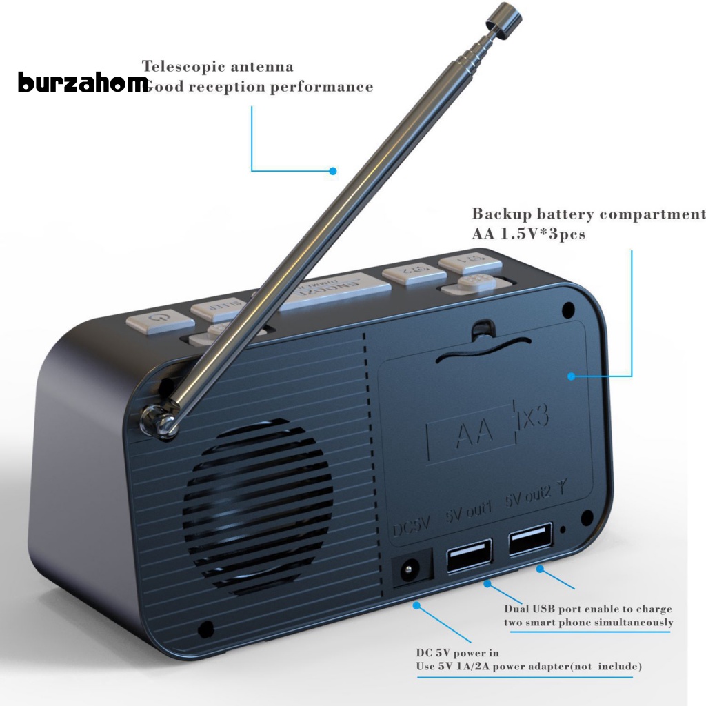 Đồng Hồ Báo Thức Kiêm Đài FM / DAB Kỹ Thuật Số Màn Hình LED Hai Cổng USB Có Thể Điều Chỉnh Âm Lượng