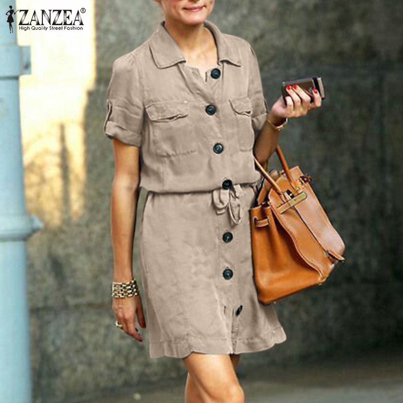 ZANZEA Đầm Nữ Ngắn Tay Cổ Bẻ Form Rộng Thời Trang Đường Phố Vintage