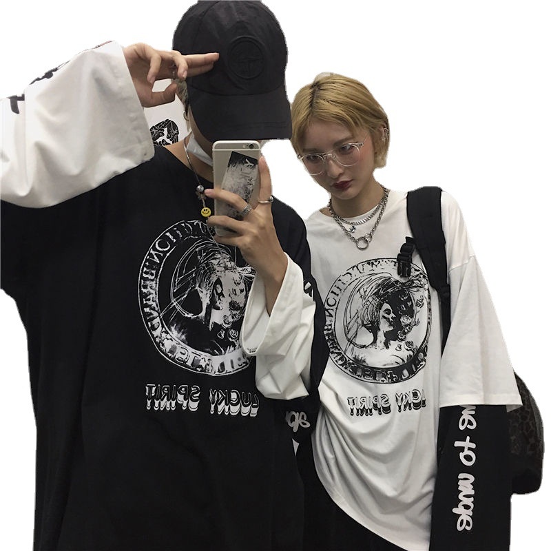 Áo Thun Tay Dài Giả Hai Lớp Dáng Rộng In Họa Tiết Hoạt Hình Phong Cách Hip Hop Thời Trang Cho Nam Và Nữ