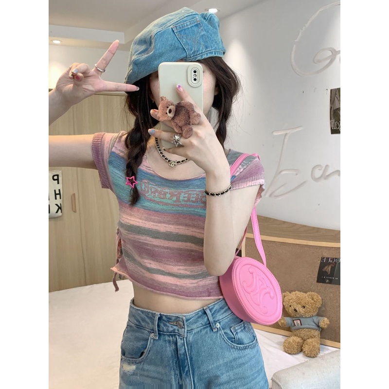 Áo Dệt Kim Dây Rút Kẻ Sọc In Chữ Phong Cách Hàn Quốc Cho Nữ