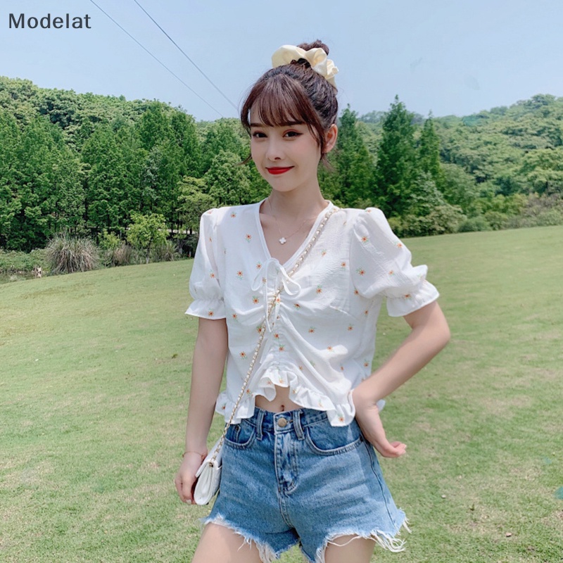 Áo Croptop Chiffon Tay Phồng Cổ Chữ V Phối Dây Rút In Họa Tiết Hoa Xinh Xắn Thời Trang Cho Nữ