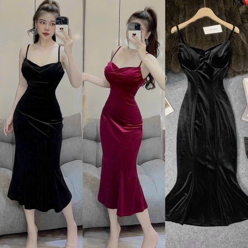 Đầm váy tuyết nhung hai dây ôm body đuôi cá màu sắc sang chảnh (Đen, Đỏ) trơn thích hợp cho nàng dạ hội, dự tiệc
