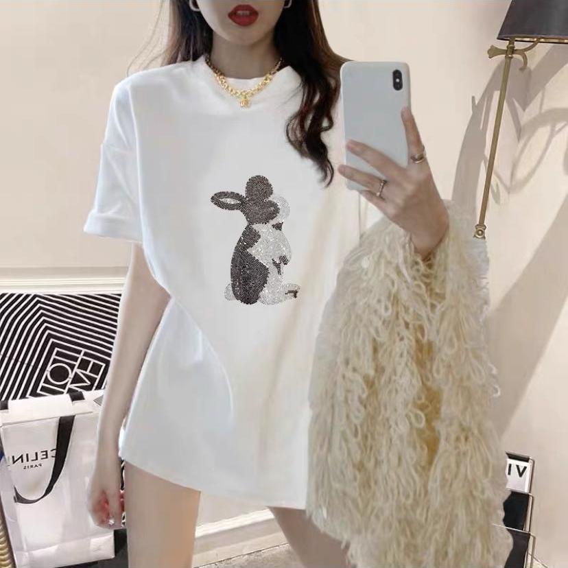 Áo Thun Tay Ngắn Dáng Rộng Bằng Vải Cotton Màu Trắng Trơn In Hình Thỏ Đính Đá Thời Trang Mùa Hè Phong Cách Mới Cho Nữ