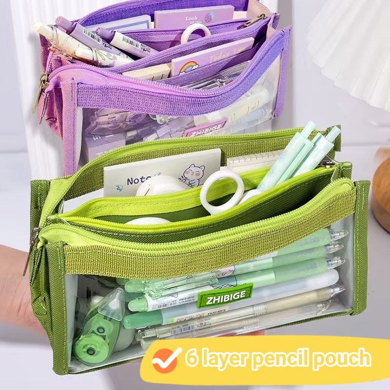 Bóp Viết 6 Ngăn Trong Suốt Cỡ Lớn Màu Trơn Thời Trang Phong Cách Hàn Quốc Cho Học Sinh