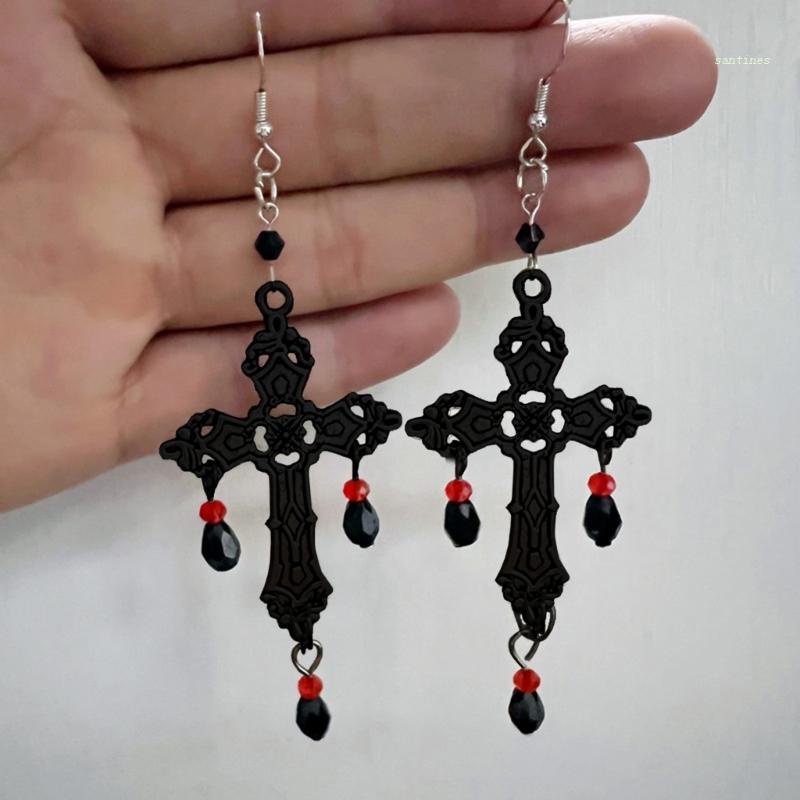 Bông Tai Hình Thánh Giá Bằng Hợp Kim Màu Đen Phong Cách Gothic