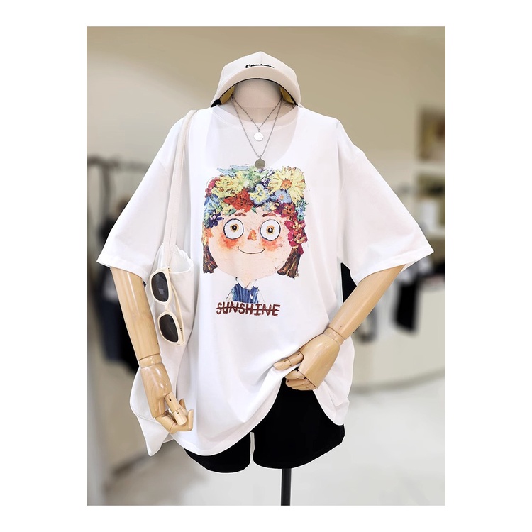 Áo Thun 100% Cotton Tay Ngắn Cổ Tròn In Họa Tiết Phong Cách Hàn Quốc Cho Nữ