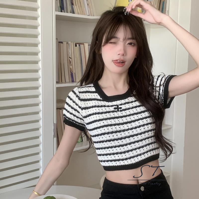 Áo Thun Dệt Kim Tay Ngắn Cổ Tròn Thêu Họa Tiết Kẻ Sọc Thời Trang Mùa Hè Cho Nữ
