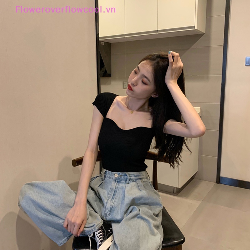 FOFC Sexy Square Neck Knitted T-shirt Summer Women Solid Color Short Sleeve Slim Pullovers HOT