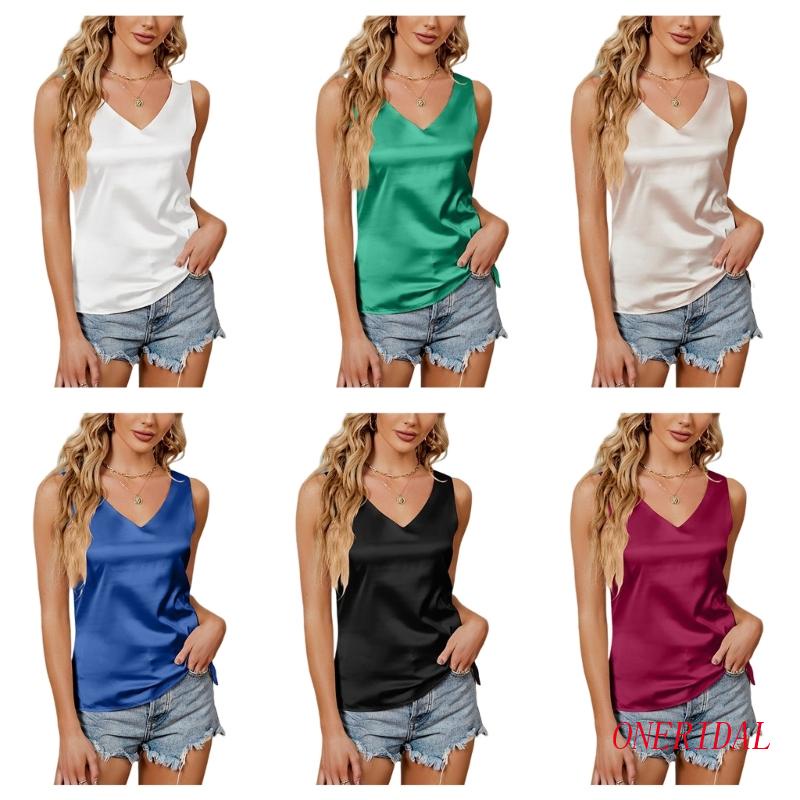 Áo Hai Dây Satin Trơn Màu Cổ Chữ V Dáng Rộng Dành Cho Nữ