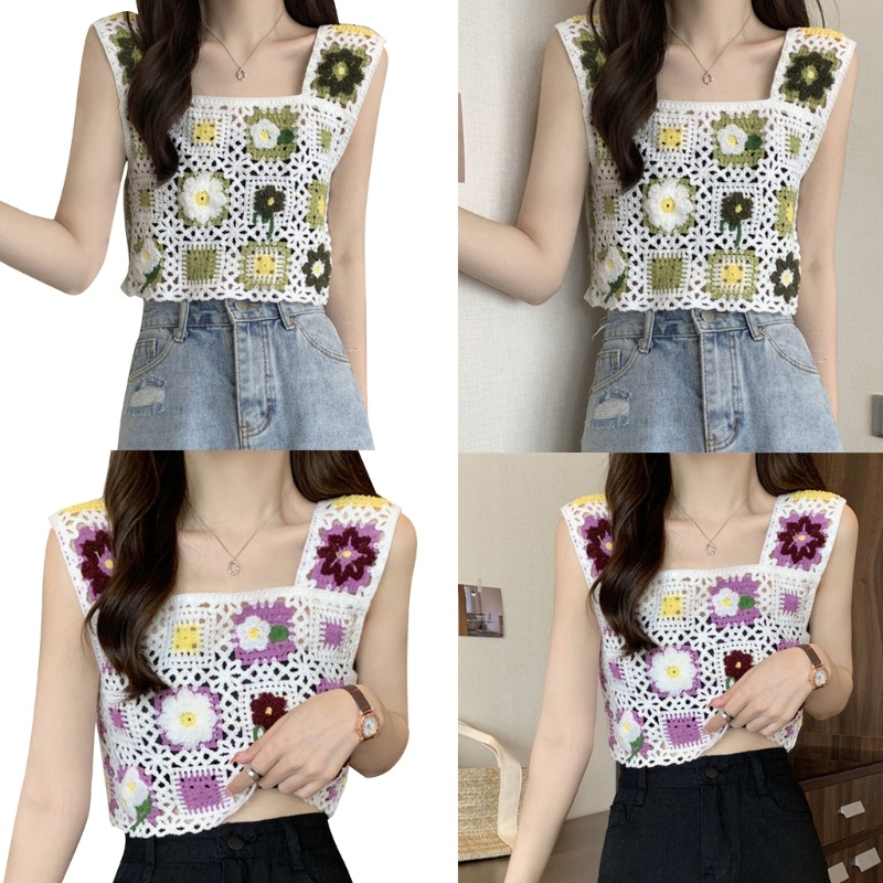 Áo Hai Dây Dệt Kim Cổ Vuông Họa Tiết Hoa Thời Trang Mùa Hè Cho Nữ