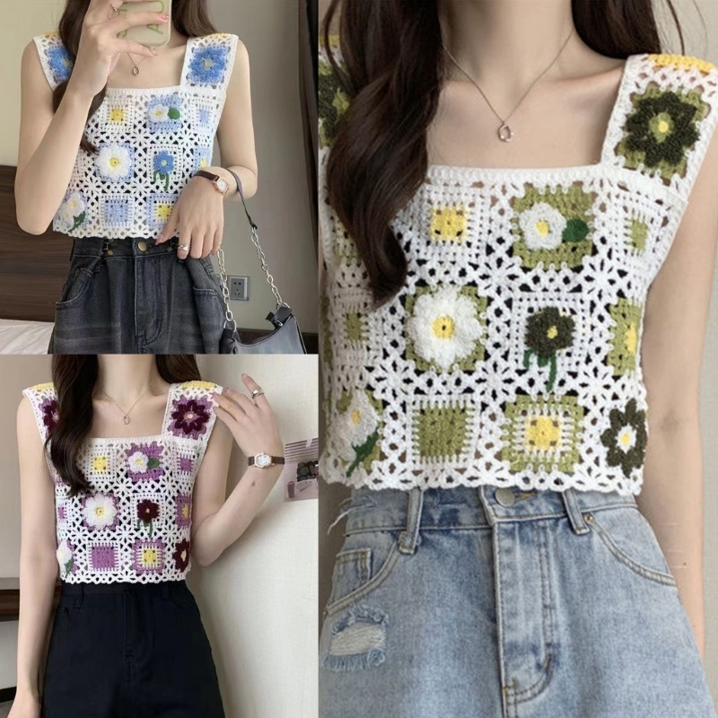 Áo Hai Dây Dệt Kim Cổ Vuông Họa Tiết Hoa Thời Trang Mùa Hè Cho Nữ