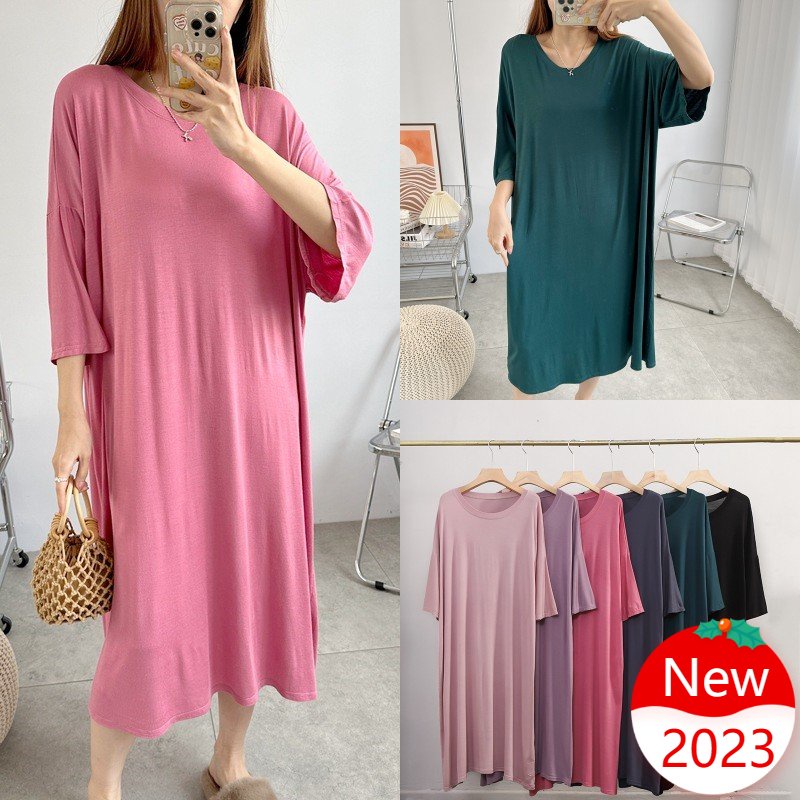 Đồ ngủ Cotton Dáng Rộng Tay Ngắn Cổ Tròn Màu Trơn Thời Trang Mùa Hè Cho Nữ