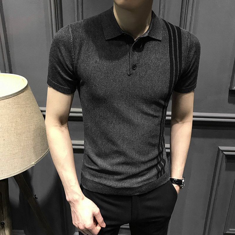Áo Thun Polo Dệt Kim Ngắn Tay Form Ôm Họa Tiết Kẻ Sọc Thời Trang Mùa Hè Cho Nam