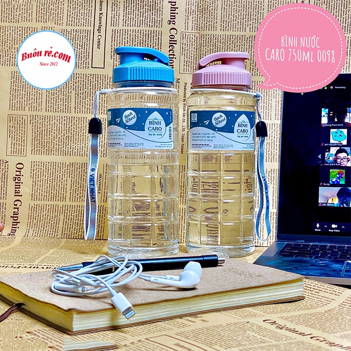 Bình nước học sinh kẻ caro 550ml/750ml/900ml Việt Nhật , Bình đựng nước thể thao có quai dù treo -Buôn rẻ