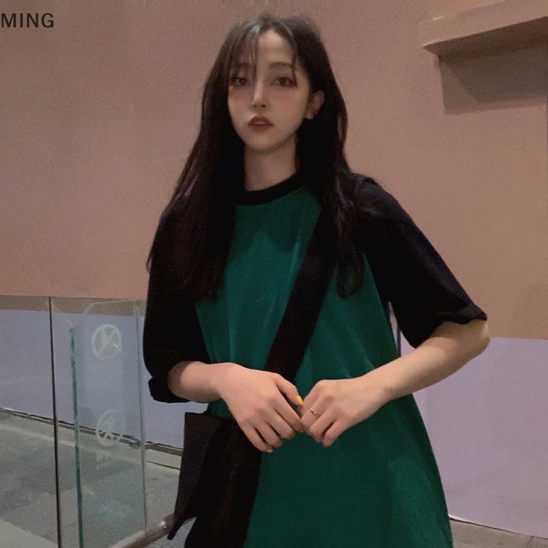 Áo Thun Tay Ngắn Cổ Tròn Dáng Rộng Màu Sắc Tương Phản Thời Trang Mùa Hè Dành Cho Nữ