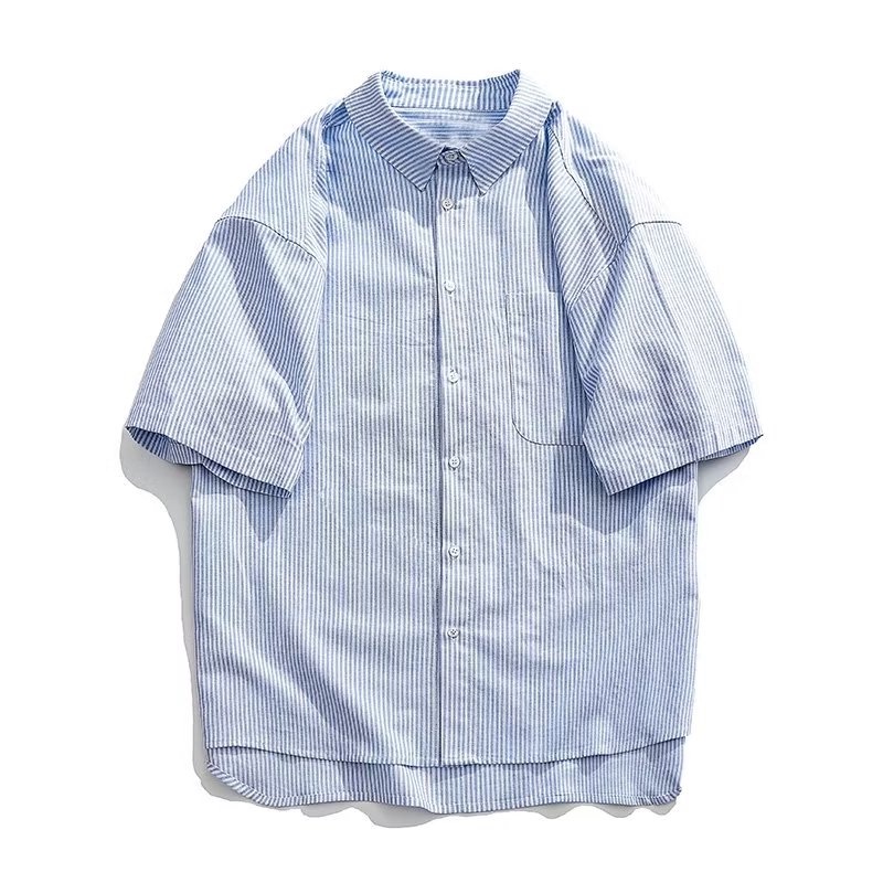 Áo Sơ Mi Tay Ngắn Dáng Rộng Vải Cotton Họa Tiết Kẻ Sọc Phong Cách Nhật Bản Cao Cấp