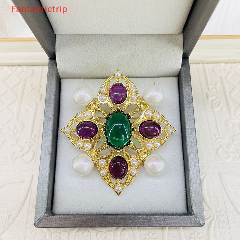 [Fantastictrip] Ghim Cài Áo Bằng Thủy Tinh Giả Ngọc Trai Chạm Khắc Chữ Thập Nhiều Màu Thời Trang Vintage Niche